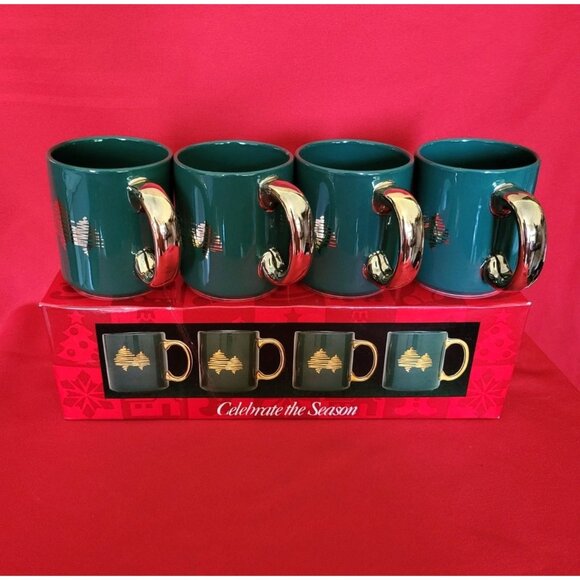 Vintage Christmas Mugs Celebrate the Season Gold Decal Green Set of Four - Picture 1 of 12